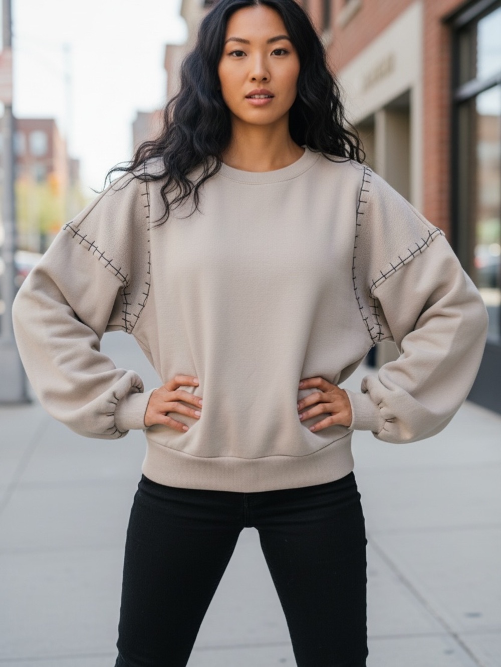 Vintage Havana Casual Beige Sweatshirt with Blanket Stitching. Sz L